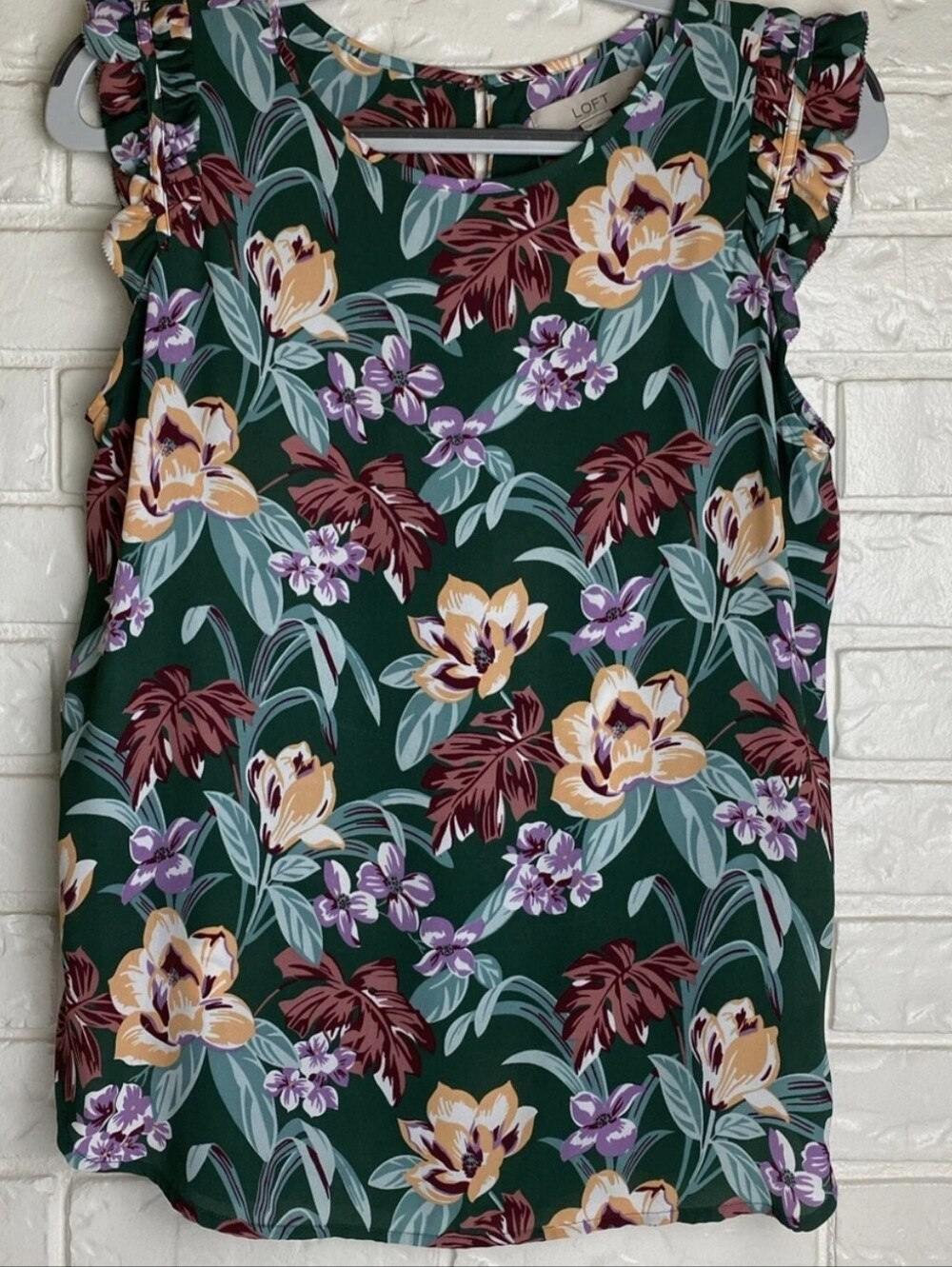 LOFT Dark Green Floral Ruffle-Trim Shell Top